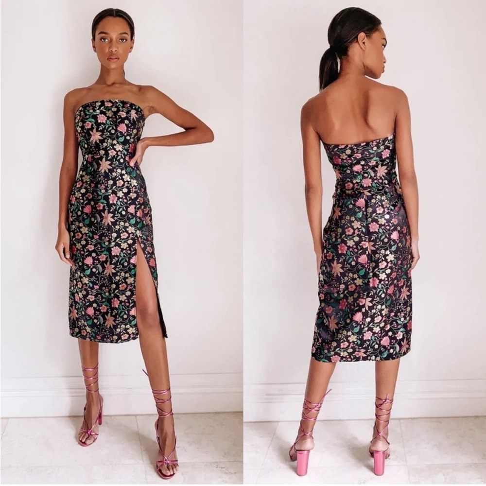 NWT Lulu's Make a Move Strapless Satin Floral Jacquard Midi Dress Homecoming S
